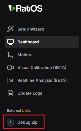 Mainsail configurator with Debug Zip button highlighted